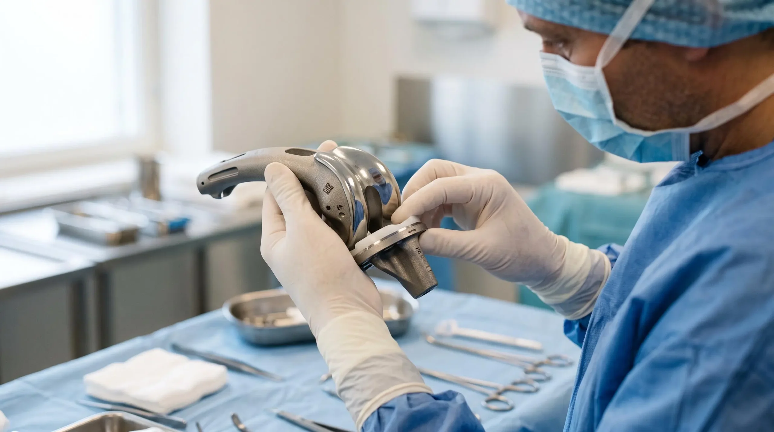 Chirurgien orthopédique examinant une prothèse de genou sur-mesure avant l'intervention chirurgicale